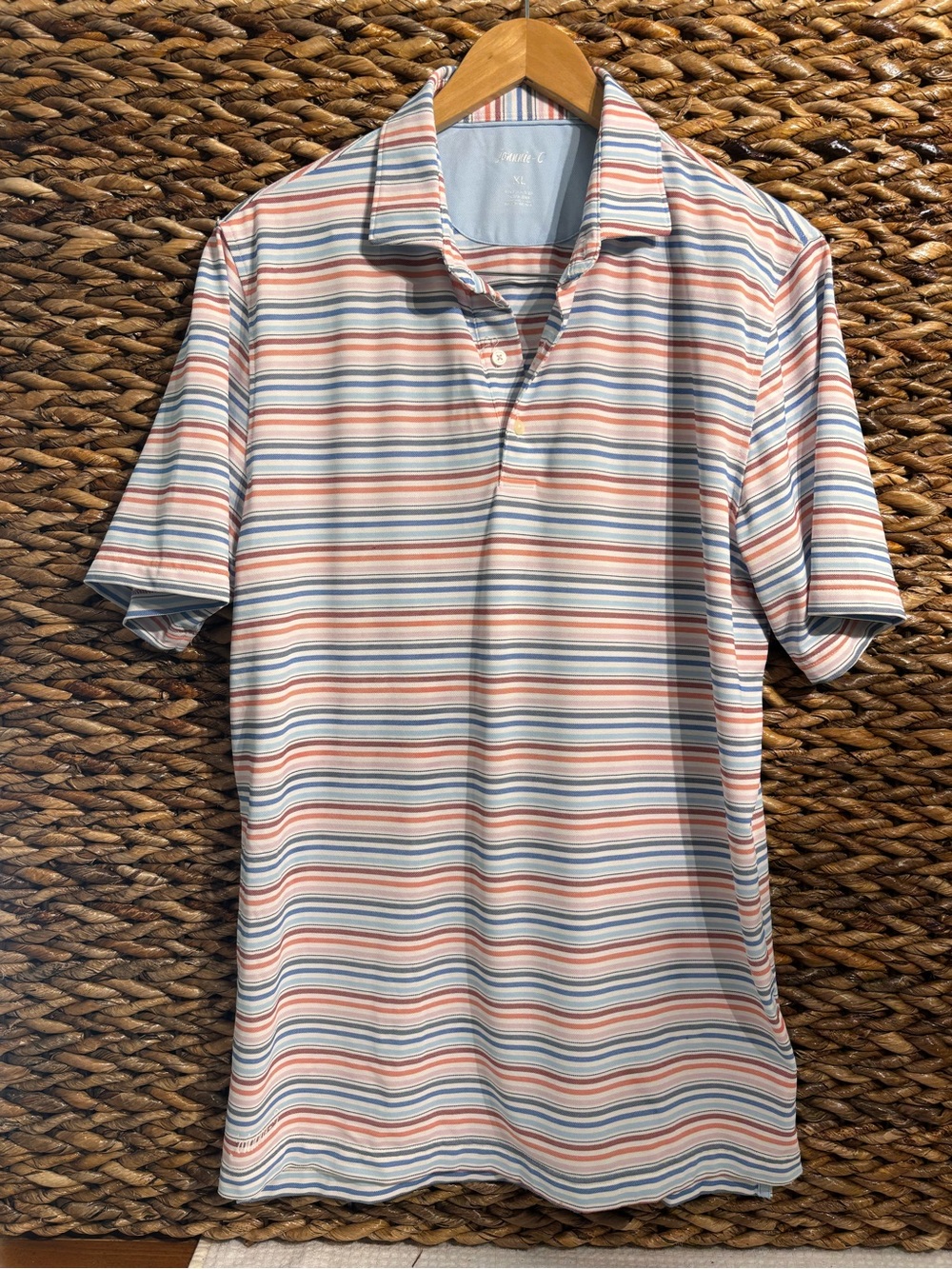 johnnie-O Short-Sleeve Striped Polo in Blue and Coral